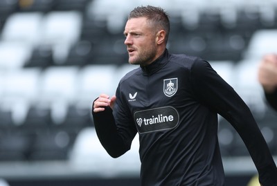 120926 Swansea City v Burnley, EFL Sky Bet Championship - Jamie Vardy of Burnley warms up as he is announced on the replacements bench for the match