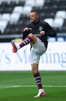 120926 Swansea City v Burnley, EFL Sky Bet Championship - Jamie Vardy of Burnley warms up as he is announced on the replacements bench for the match