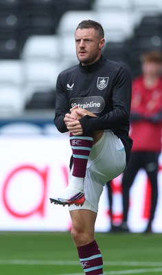 120926 Swansea City v Burnley, EFL Sky Bet Championship - Jamie Vardy of Burnley warms up as he is announced on the replacements bench for the match