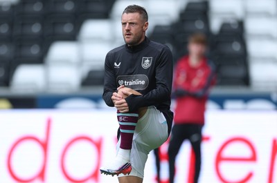 120926 Swansea City v Burnley, EFL Sky Bet Championship - Jamie Vardy of Burnley warms up as he is announced on the replacements bench for the match