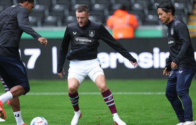 120926 Swansea City v Burnley, EFL Sky Bet Championship - Jamie Vardy of Burnley warms up as he is announced on the replacements bench for the match