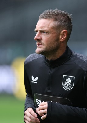 120926 Swansea City v Burnley, EFL Sky Bet Championship - Jamie Vardy of Burnley warms up as he is announced on the replacements bench for the match
