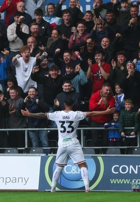 120926 Swansea City v Burnley, EFL Sky Bet Championship - Adam Idah of Swansea City celebrates in front of the fans after he scores the opening goal