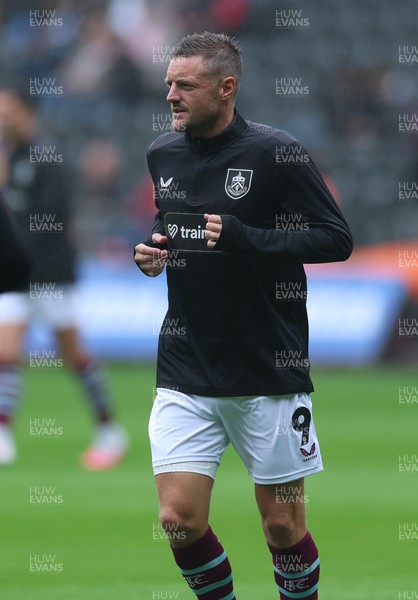 120926 Swansea City v Burnley, EFL Sky Bet Championship - Jamie Vardy of Burnley warms up as he is announced on the replacements bench for the match