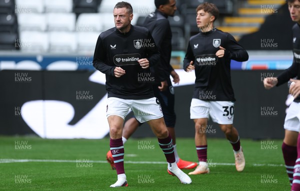 120926 Swansea City v Burnley, EFL Sky Bet Championship - Jamie Vardy of Burnley warms up as he is announced on the replacements bench for the match