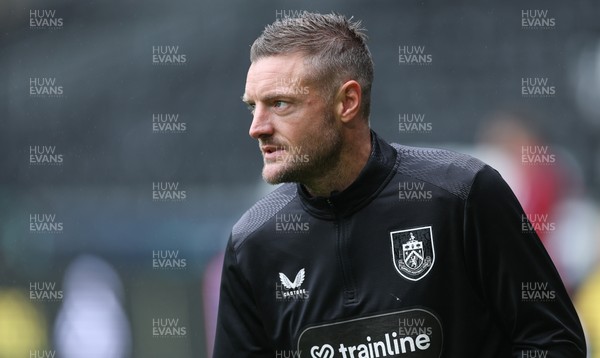 120926 Swansea City v Burnley, EFL Sky Bet Championship - Jamie Vardy of Burnley warms up as he is announced on the replacements bench for the match