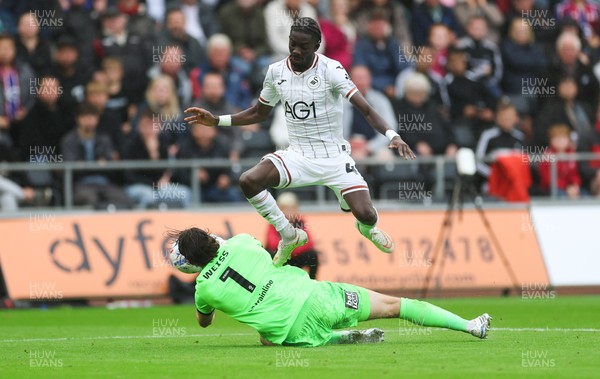 120926 Swansea City v Burnley, EFL Sky Bet Championship - Moussa Yeo of Swansea City is denied a shot at goal by Burnley goalkeeper Max Weiss