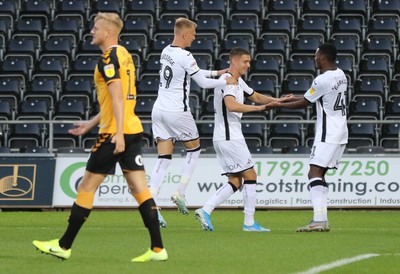 280819 - Swansea City v Cambridge United, Carabao Cup, Round 2 - Kristoffer Peterson of Swansea City, centre, celebrates with Sam Surridge of Swansea City and Jordon Garrick of Swansea City after scoring goal in the opening minute of the match