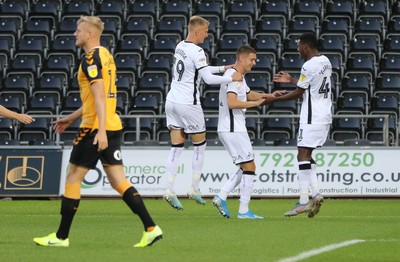 280819 - Swansea City v Cambridge United, Carabao Cup, Round 2 - Kristoffer Peterson of Swansea City, centre, celebrates with Sam Surridge of Swansea City and Jordon Garrick of Swansea City after scoring goal in the opening minute of the match