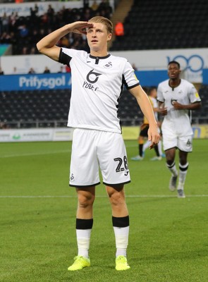 280819 - Swansea City v Cambridge United, Carabao Cup, Round 2 - George Byers of Swansea City salutes the fans after scoring the second goal