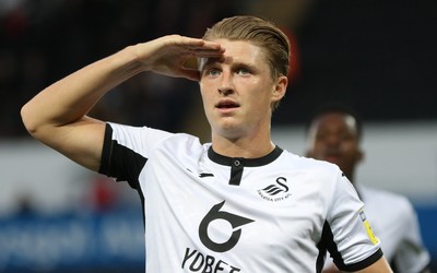 280819 - Swansea City v Cambridge United, Carabao Cup, Round 2 - George Byers of Swansea City salutes the fans after scoring the second goal