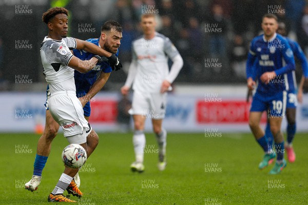 160324 - Swansea City v Cardiff City - Sky Bet Championship - Jamal Lowe of Swansea City and Dimitris Goutas of Cardiff City