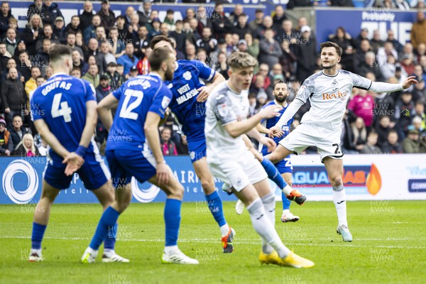 160324 - Swansea City v Cardiff City - Sky Bet Championship - Liam Cullen of Swansea City with a shot on goal 