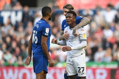 171021 - Swansea City v Cardiff City - Sky Bet Championship - Curtis Nelson of Cardiff City clashes with Ethan Laird of Swansea City 