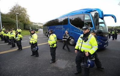 171021 - Swansea City v Cardiff City, EFL Sky Bet Championship - A large police presence at the ground as the Cardiff City team coach arrives at the stadium