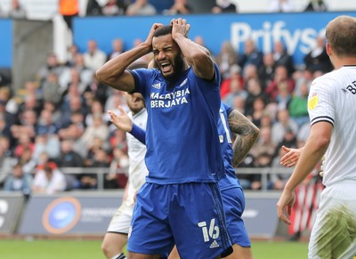 171021 - Swansea City v Cardiff City, EFL Sky Bet Championship - Curtis Nelson of Cardiff City reacts after he heads over the Swansea goal