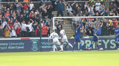 171021 - Swansea City v Cardiff City, EFL Sky Bet Championship - Joel Piroe of Swansea City celebrates in front of the Swansea fans after scoring the second goal