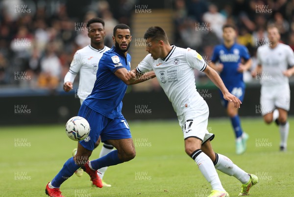 171021 - Swansea City v Cardiff City, EFL Sky Bet Championship - Curtis Nelson of Cardiff City challenges Joel Piroe of Swansea City