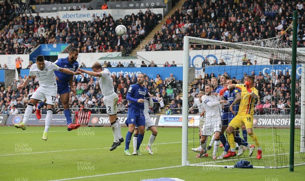 171021 - Swansea City v Cardiff City, EFL Sky Bet Championship - Curtis Nelson of Cardiff City heads over the Swansea goal