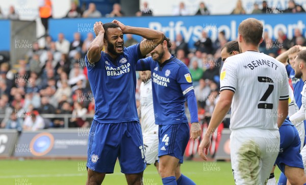 171021 - Swansea City v Cardiff City, EFL Sky Bet Championship - Curtis Nelson of Cardiff City reacts after he heads over the Swansea goal