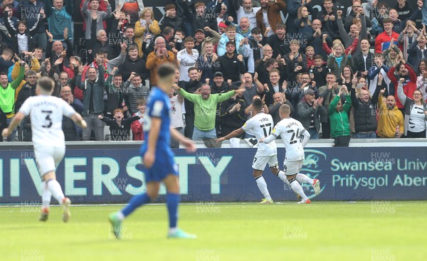 171021 - Swansea City v Cardiff City, EFL Sky Bet Championship - Joel Piroe of Swansea City celebrates in front of the Swansea fans after scoring the second goal