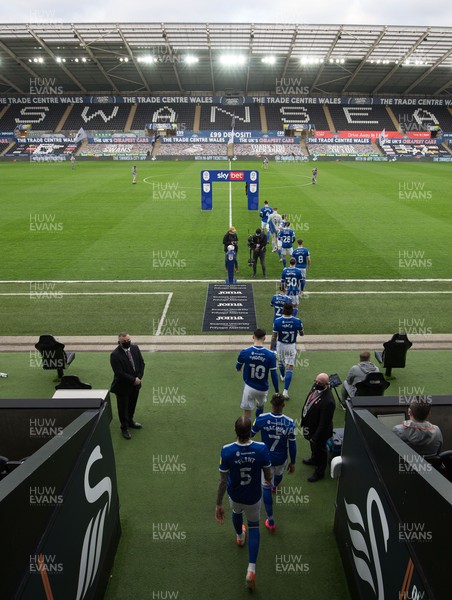 200321 Swansea City v Cardiff City, Sky Bet Championship - The Cardiff City team walk out at the Liberty Stadium for the start of the match