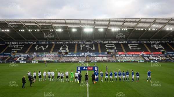 200321 Swansea City v Cardiff City, Sky Bet Championship - The two team line up at the Liberty Stadium for the start of the match