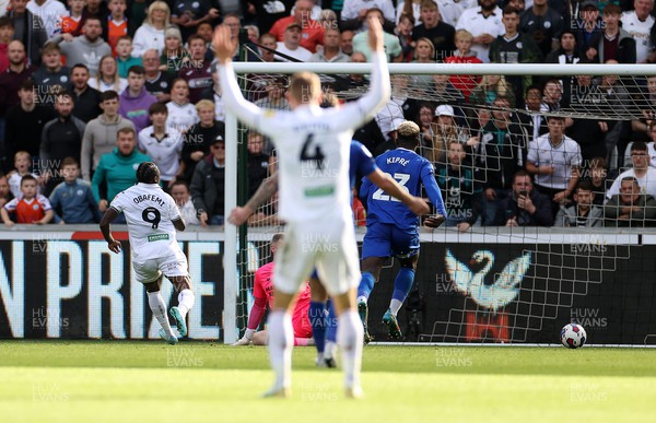 231022 - Swansea City v Cardiff City, South Wales Derby - SkyBet Championship - Michael Obafemi of Swansea City scores their second goal