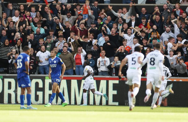 231022 - Swansea City v Cardiff City, South Wales Derby - SkyBet Championship - Michael Obafemi of Swansea City celebrates scoring a goal in the second half