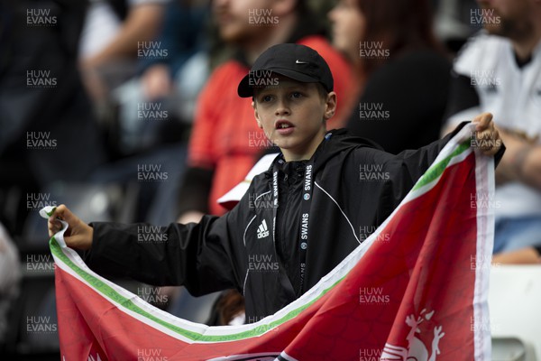 231022 - Swansea City v Cardiff City - Sky Bet Championship - A young Swansea flag with a flag during the warm up
