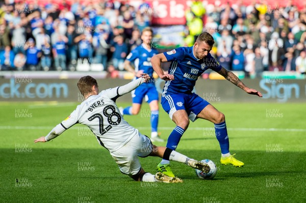 271019 - Swansea City v Cardiff City - SkyBet Championship - George Byers of Swansea City tackles Joe Ralls of Cardiff City 