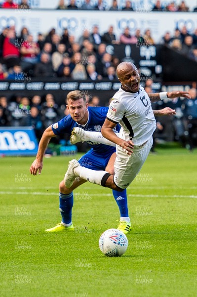 271019 - Swansea City v Cardiff City - SkyBet Championship - Andre Ayew of Swansea City takes a fall 