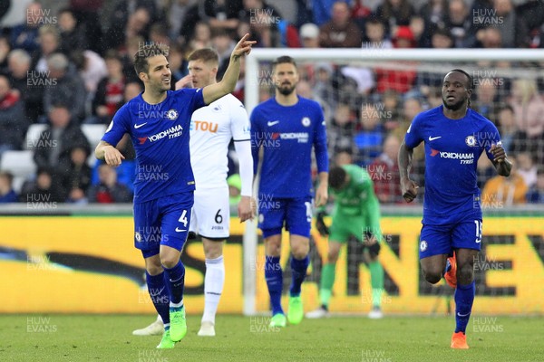 280418 - Swansea City v Chelsea, Premier League - Cesc Fabregas of Chelsea (left) celebrates scoring his side's first goal