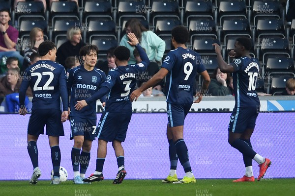 210326 - Swansea City v Coventry City - Sky Bet Championship - Tatsuhiro Sakamoto of Coventry celebrates scoring a goal with team mates