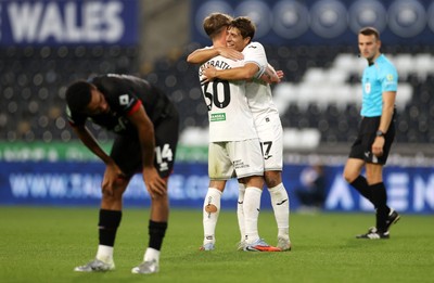 120825 - Swansea City v Crawley Town, Carabao Cup - Ethan Galbraith of Swansea City celebrates scoring a goal with Goncalo Franco