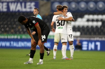 120825 - Swansea City v Crawley Town, Carabao Cup - Ethan Galbraith of Swansea City celebrates scoring a goal with Goncalo Franco