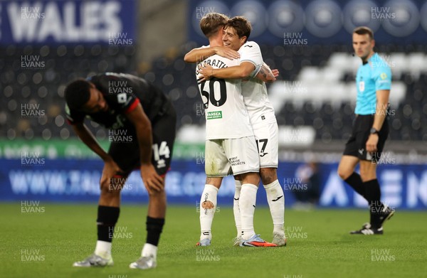 120825 - Swansea City v Crawley Town, Carabao Cup - Ethan Galbraith of Swansea City celebrates scoring a goal with Goncalo Franco
