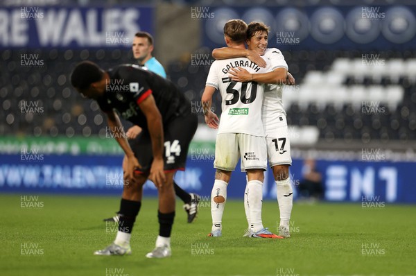 120825 - Swansea City v Crawley Town, Carabao Cup - Ethan Galbraith of Swansea City celebrates scoring a goal with Goncalo Franco
