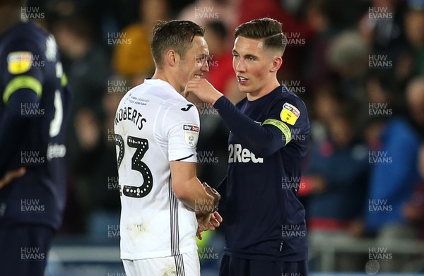 010519 - Swansea City v Derby County - SkyBet Championship - Wales team mates Connor Roberts of Swansea City and Harry Wilson of Derby talk at full time