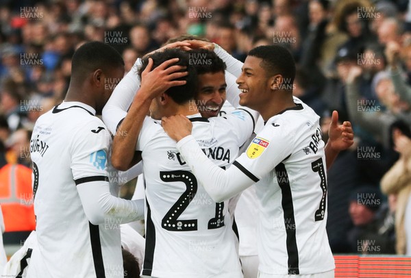 080220 - Swansea City v Derby County, Sky Bet Championship - Kyle Naughton of Swansea City, centre, celebrates after scoring Swansea's second goal