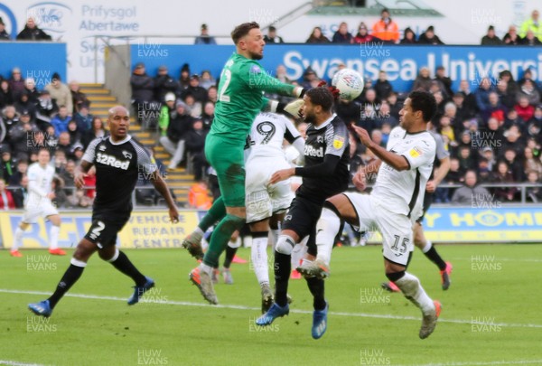 080220 - Swansea City v Derby County, Sky Bet Championship - Derby County goalkeeper Ben Hamer fumbles the ball leading to Kyle Naughton of Swansea City scoring Swansea's second goal