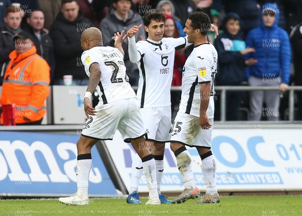 080220 - Swansea City v Derby County, Sky Bet Championship - Yan Dhanda of Swansea City, centre, celebrates after scoring Swansea's first goal