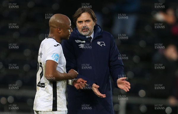 080220 - Swansea City v Derby County, Sky Bet Championship - Derby County manager Phillip Cocu talks with Andre Ayew of Swansea City at the end of the match