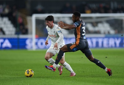 251125 - Swansea City v Derby County, EFL Sky Bet Championship - Josh Key of Swansea City takes on Ebou Adams of Derby County
