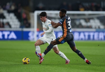 251125 - Swansea City v Derby County, EFL Sky Bet Championship - Josh Key of Swansea City takes on Ebou Adams of Derby County