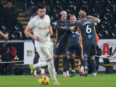 251125 - Swansea City v Derby County, EFL Sky Bet Championship - Joe Ward of Derby County celebrates with team mates after scoring the opening goal