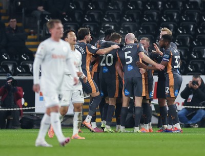 251125 - Swansea City v Derby County, EFL Sky Bet Championship - Joe Ward of Derby County celebrates with team mates after scoring the opening goal