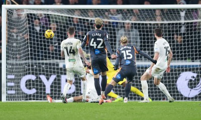 251125 - Swansea City v Derby County, EFL Sky Bet Championship - Lars-Jorgen Salvesen of Derby County shoots to score the second goal