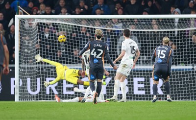251125 - Swansea City v Derby County, EFL Sky Bet Championship - Lars-Jorgen Salvesen of Derby County shoots to score the second goal