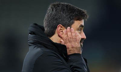251125 - Swansea City v Derby County, EFL Sky Bet Championship - New Swansea City head coach Vítor Matos reacts during his first match in charge
